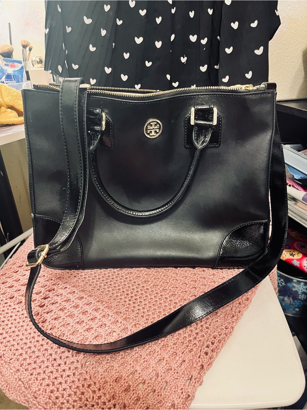 Tory Burch Black Satchel Handbag – Gold Hardware